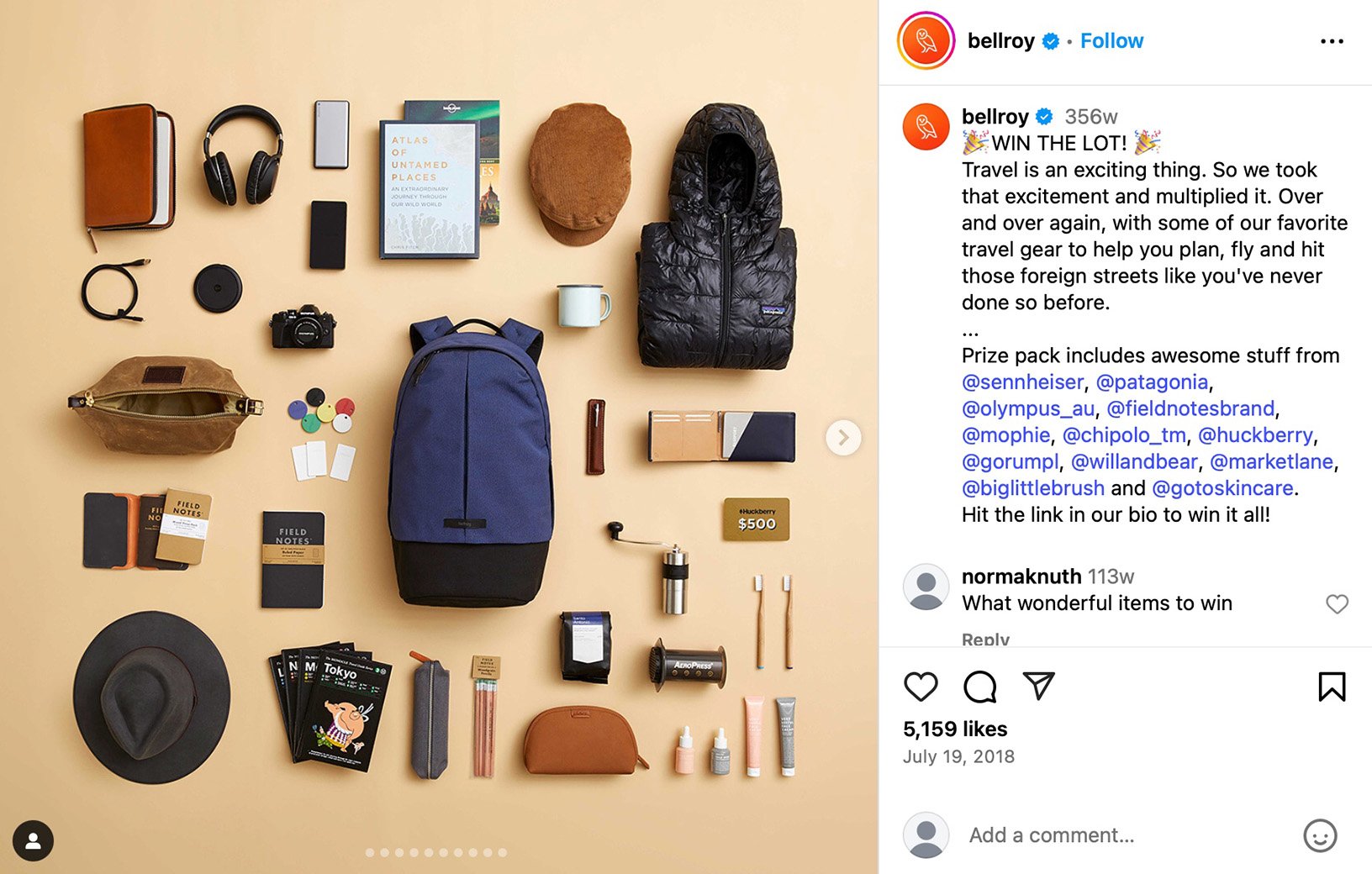 Bellroy travel gear giveaway featuring top brand prizes Flat lay of travel essentials including backpack, headphones, camera, jacket, notebooks, and gift cards