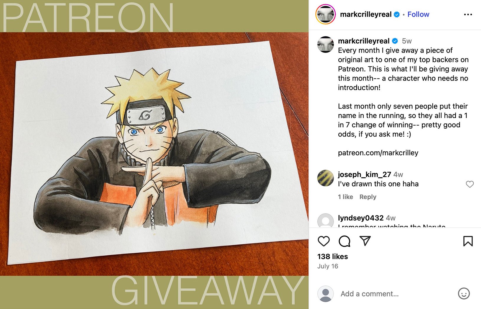 Mark Crilley Patreon giveaway post featuring original Naruto artwork Instagram post by Mark Crilley announcing a Patreon giveaway of original Naruto artwork with details on how patrons can enter
