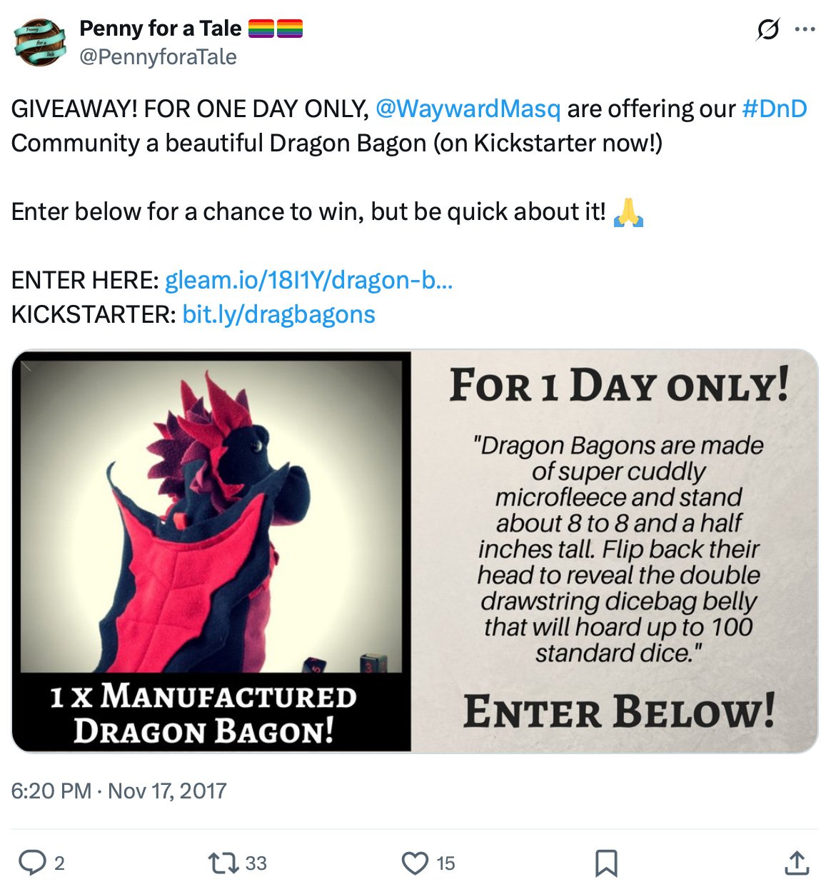 Penny for a Tale runs Dragon Bagon giveaway for DnD fans Dragon Bagon plush with text describing its microfleece build and dicebag belly