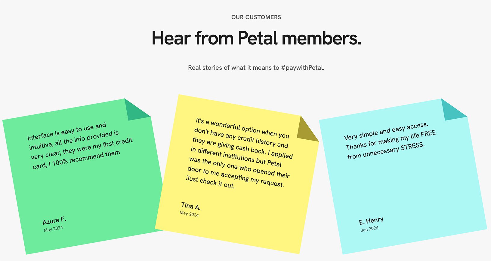 Real customer reviews sharing positive experiences with Petal credit card Three colourful customer testimonials praising the Petal credit card for ease of use, accessibility, and stress-free experience