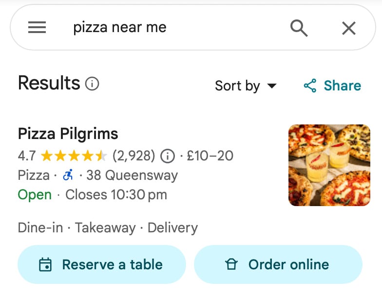 Local pizza search showing nearby options like Pizza Pilgrims and LARDO Google Maps results showing pizza places near London Fields including Pizza Pilgrims and LARDO