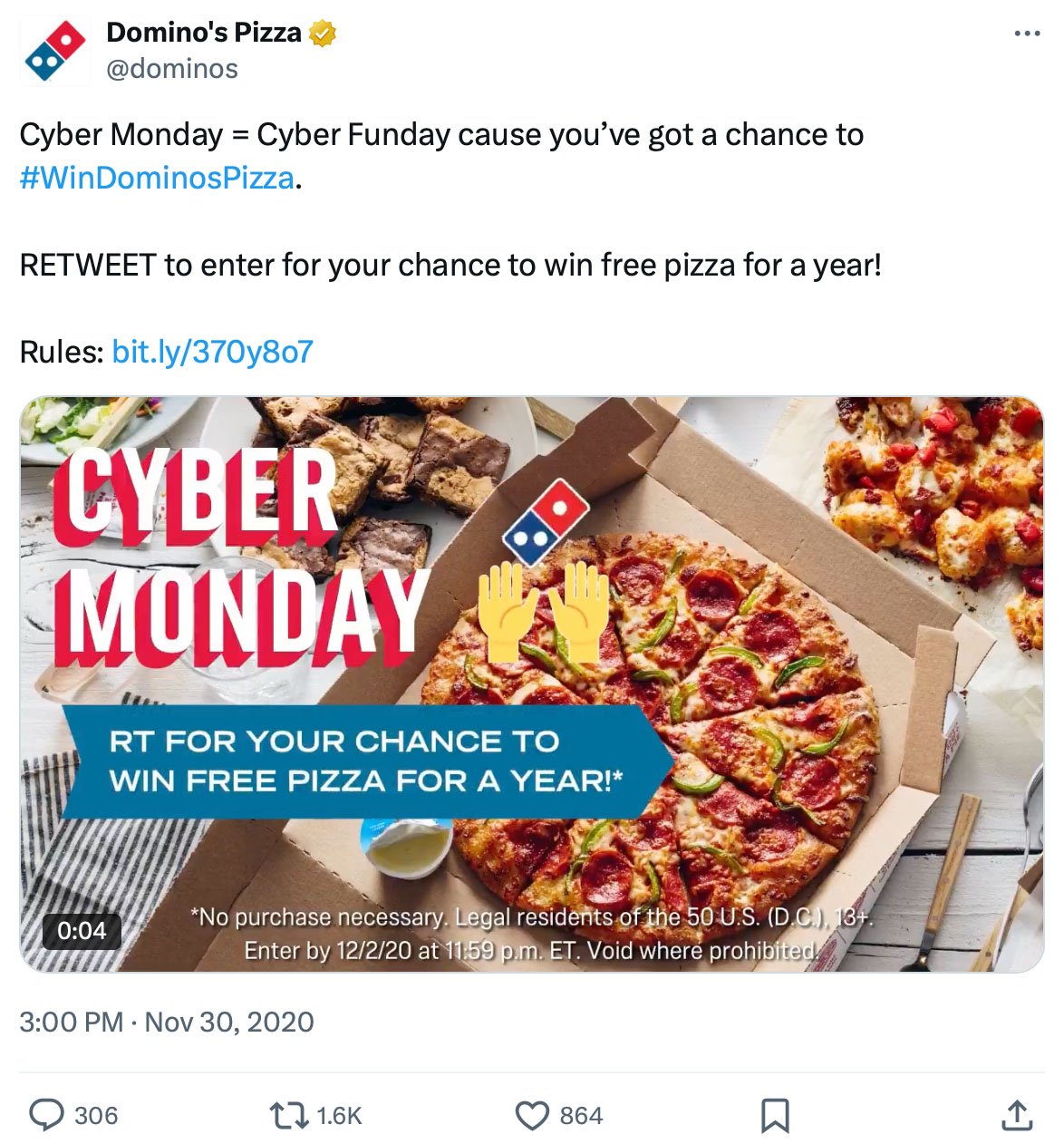 Domino’s Cyber Monday Twitter giveaway offering free pizza for a year