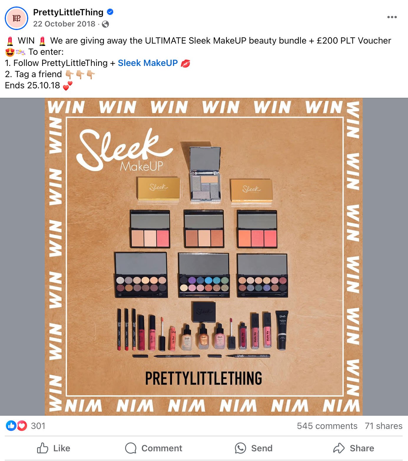 Facebook post by PrettyLittleThing showcasing a Sleek MakeUP beauty bundle with palettes, lipsticks, and a £200 voucher