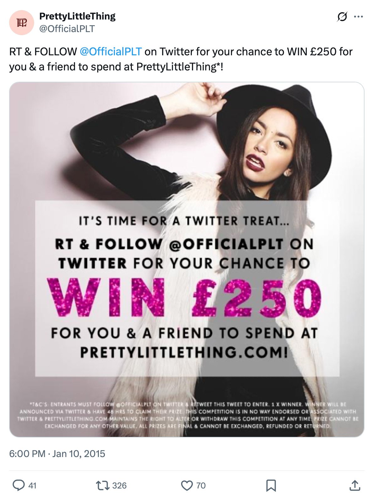 Woman in hat promoting PrettyLittleThing £250 Twitter giveaway