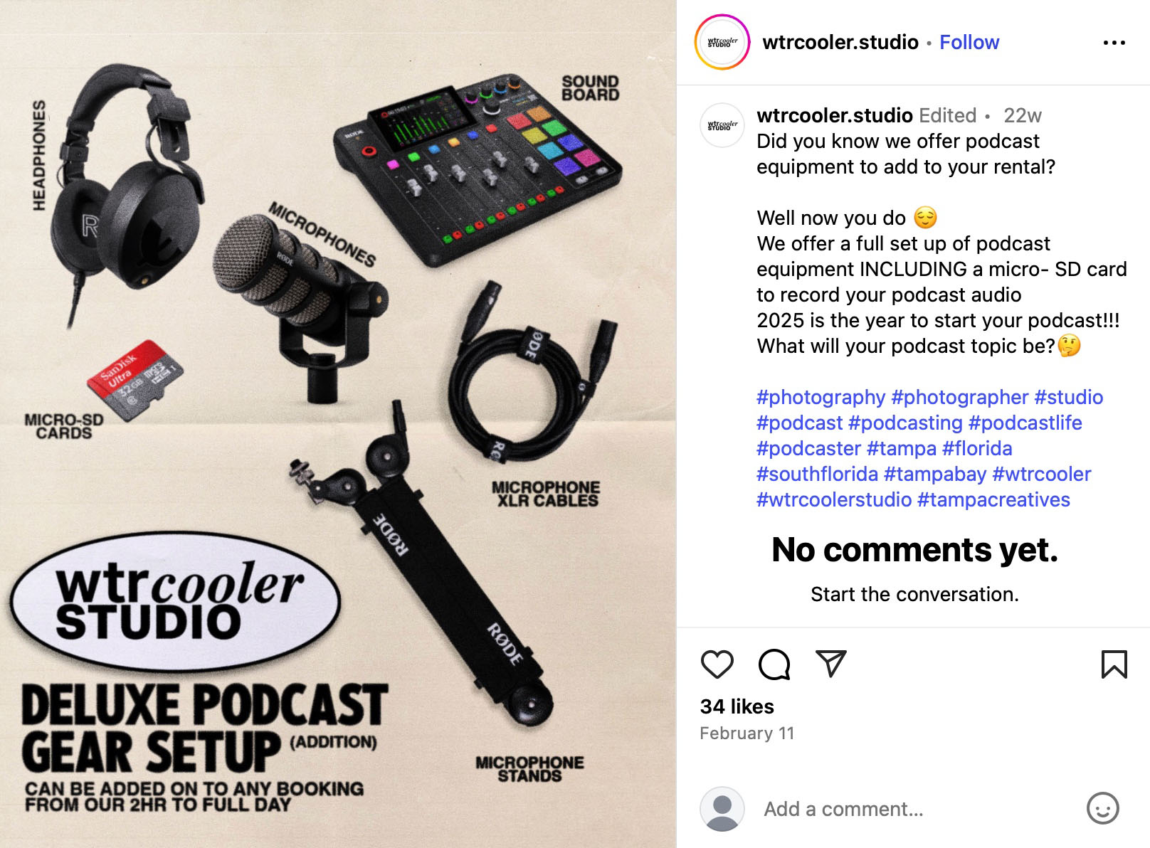 WTR Cooler Studio promotes full podcast equipment rental kit for 2025 creators Instagram post from WTR Cooler Studio showcasing deluxe podcast gear setup including microphones, headphones, sound board, cables and stands