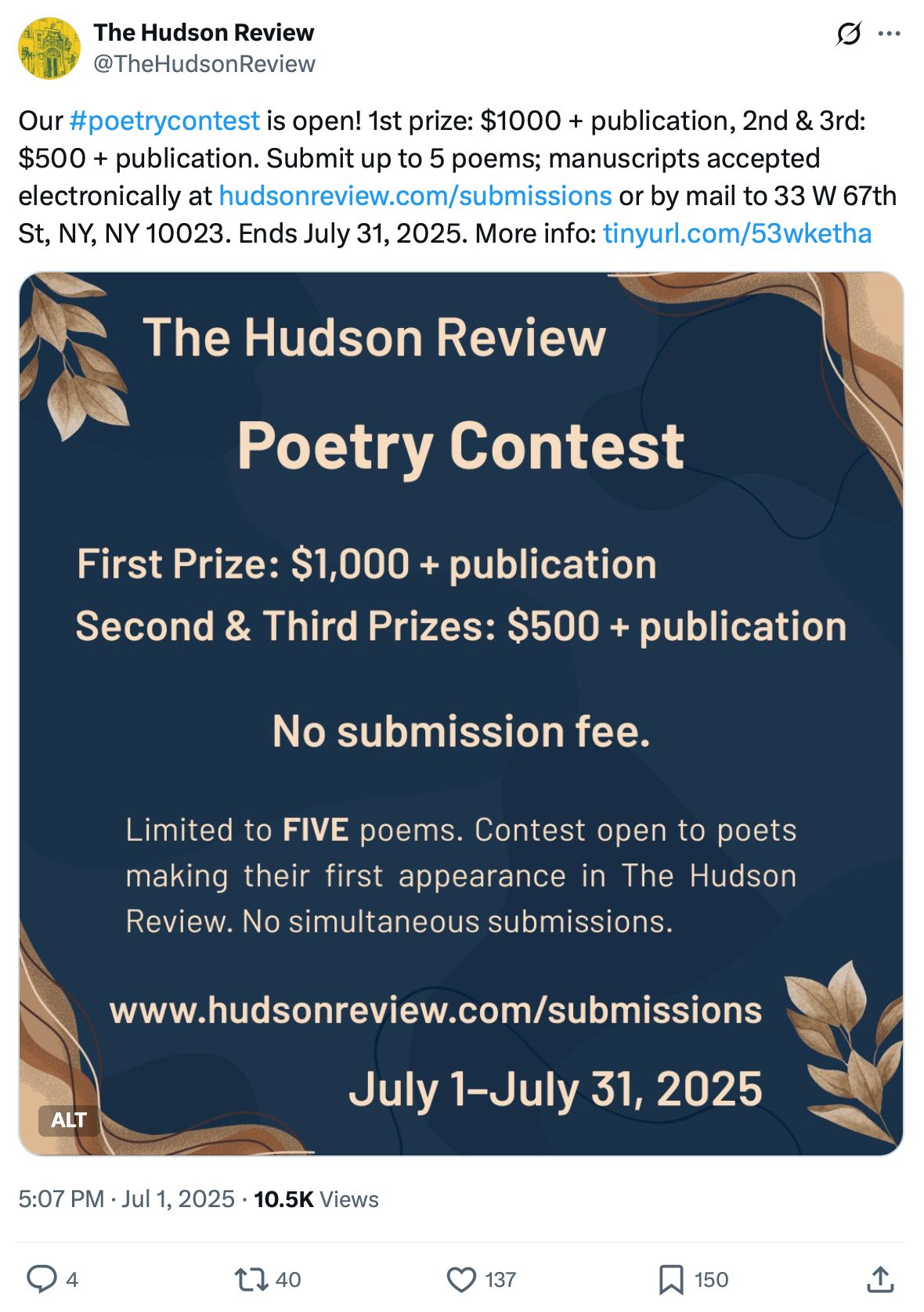 The Hudson Review's poetry contest offers publication and cash prizes with no submission fee