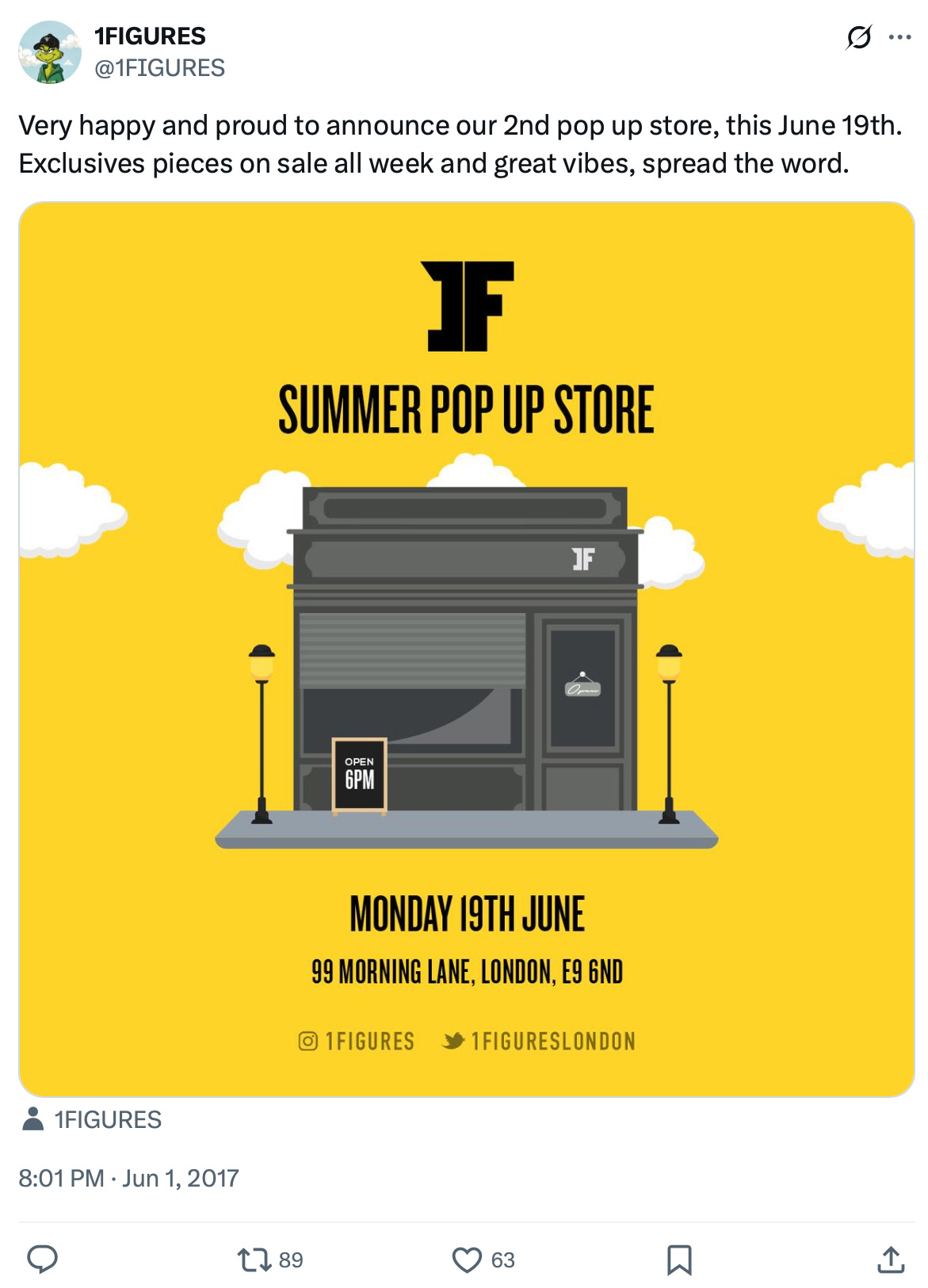 1FIGURES summer pop-up store opening June 19th at 99 Morning Lane, London 1FIGURES tweet promoting their summer pop-up store on June 19th with exclusive pieces and good vibes
