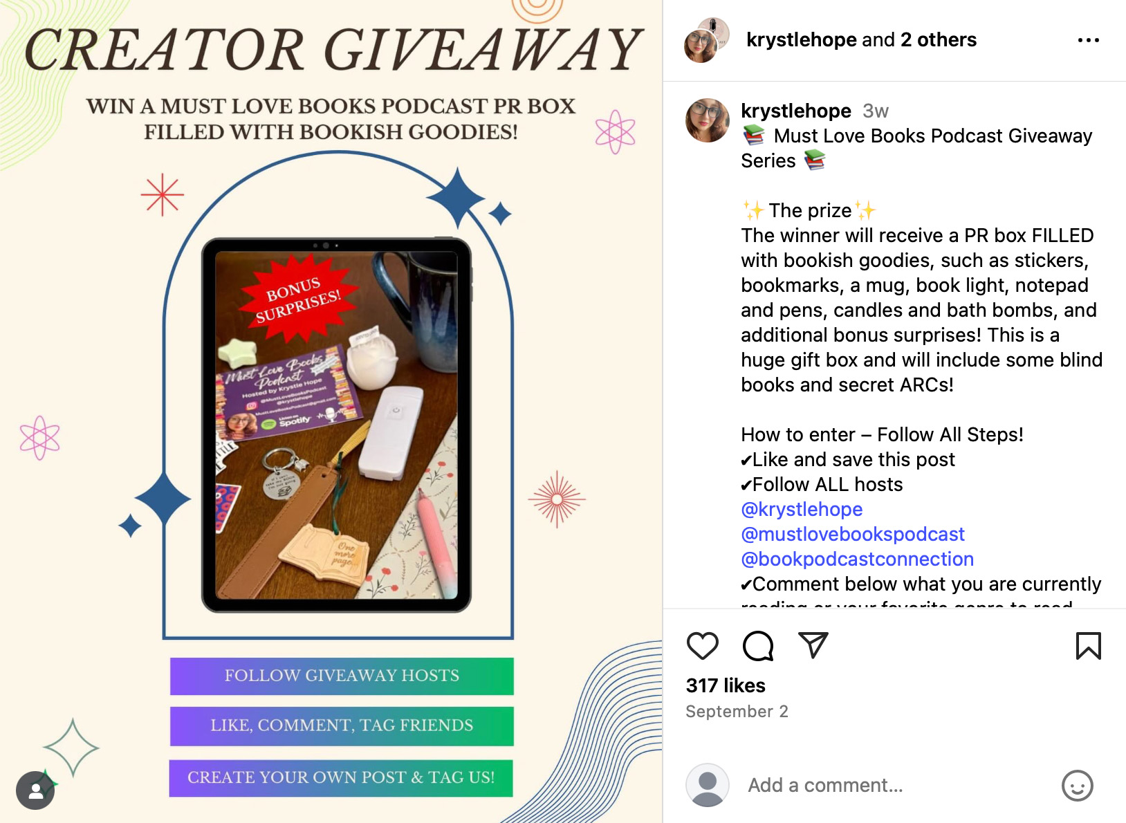 Giveaway graphic — Win a PR box with books, gifts, and surprises Instagram creator giveaway: Must Love Books Podcast PR box filled with bookish goodies and bonus surprises
