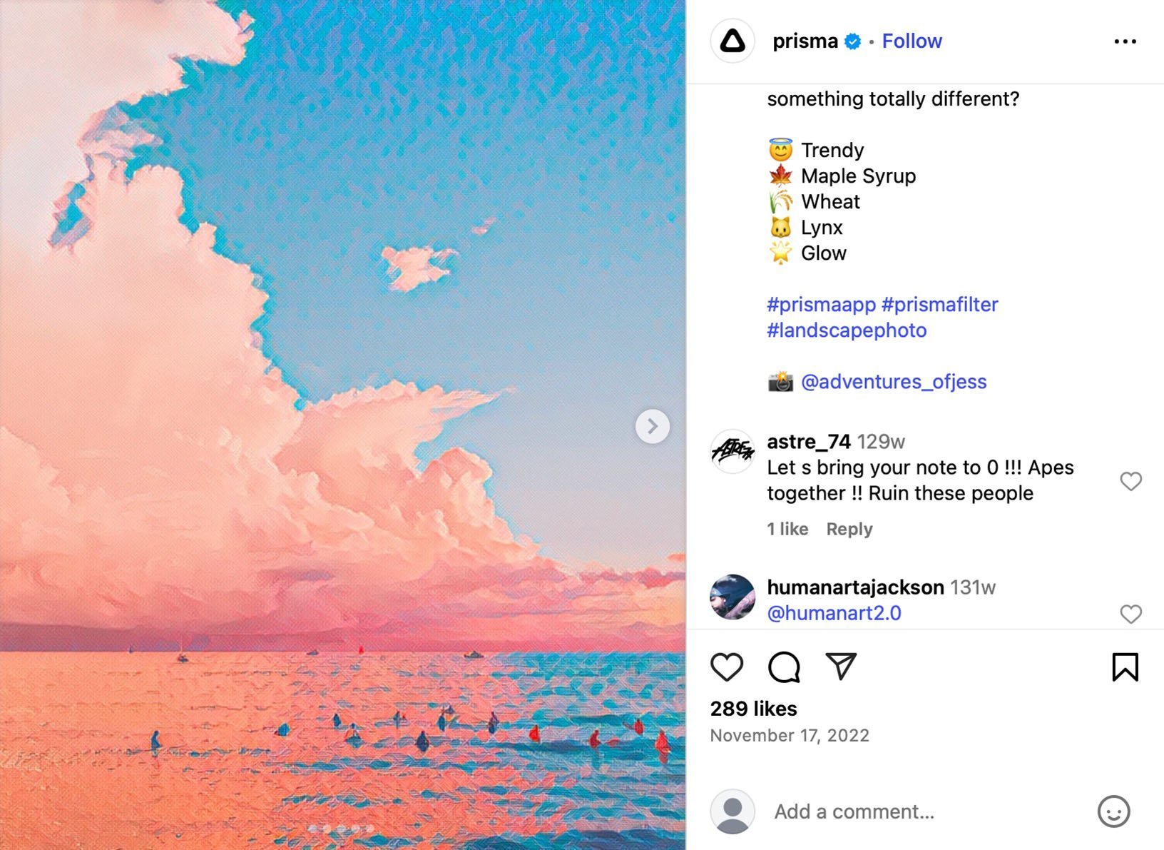 Prisma shares dreamy art-filtered seascape by @adventures_ofjess Ocean scene with people in the water under stylised pink clouds and blue sky using Prisma art filter