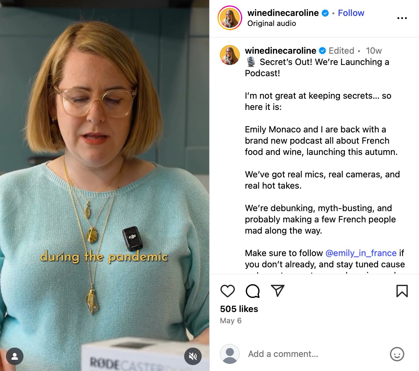 Winedinecaroline reveals upcoming podcast with real mics, cameras and hot takes Instagram Reel from winedinecaroline announcing a new podcast launch focused on French food and wine
