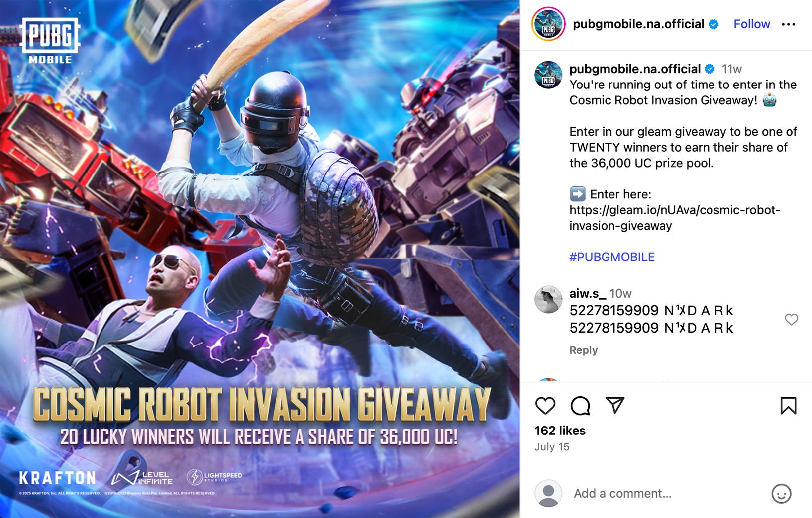 PUBG Mobile Instagram post promoting a Gleam giveaway with cosmic robot invasion artwork and prize details