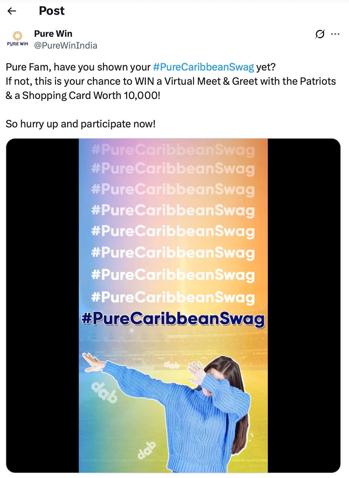 Person dabbing in blue sweater with #PureCaribbeanSwag text overlay and gradient background