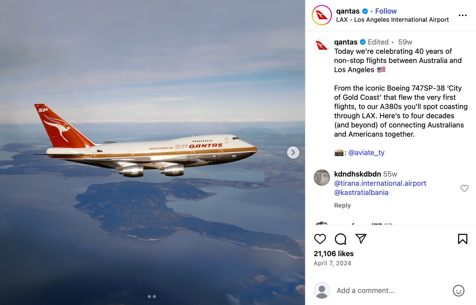 Qantas celebrates 40 years of Australia–LAX non-stop flights Qantas Boeing 747SP aircraft flying over the ocean with retro 'City of Gold Coast' livery