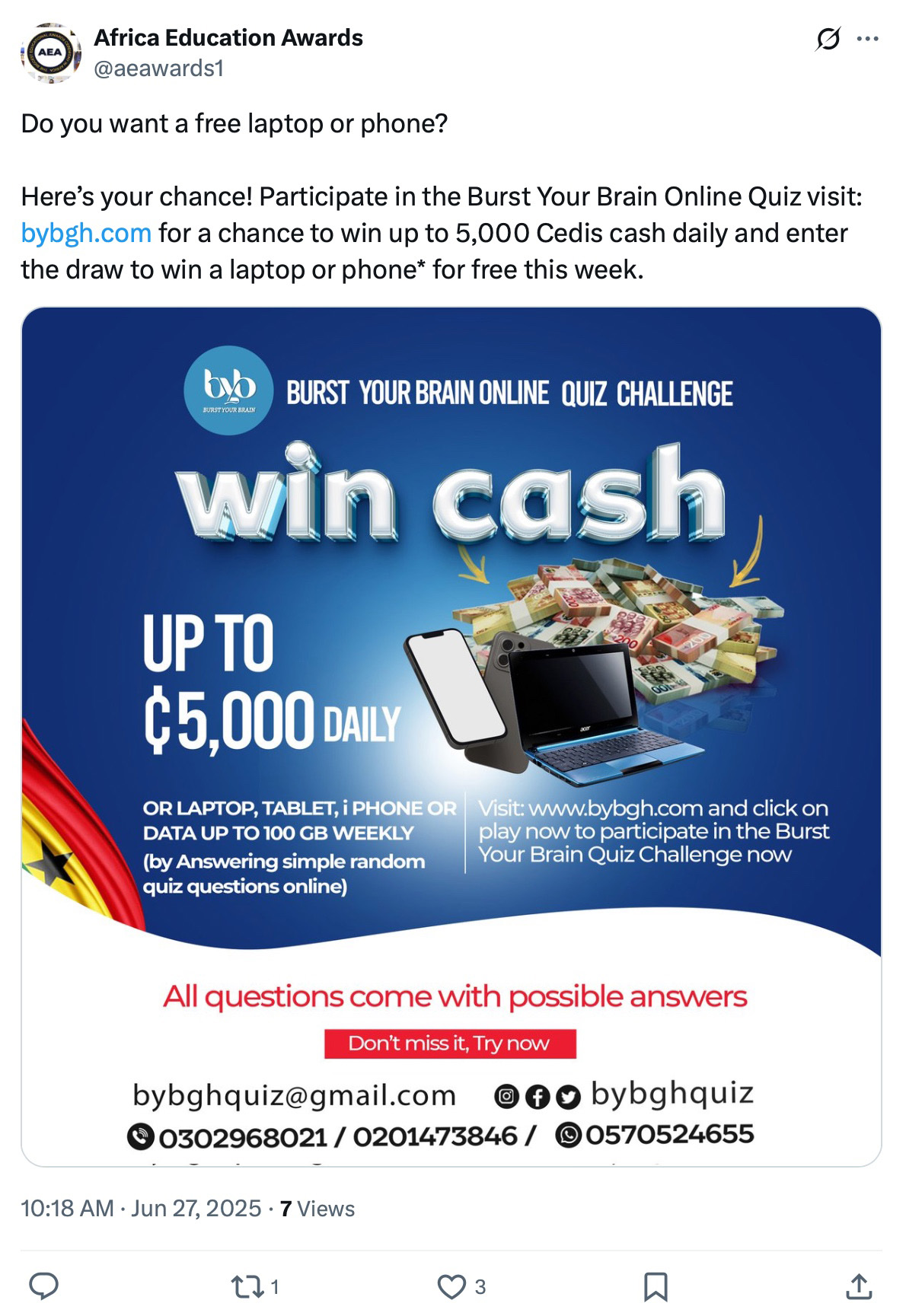 Win cash or tech by joining the Burst Your Brain Quiz Challenge Promotional graphic for the Burst Your Brain Online Quiz Challenge, showing prizes like cash, laptop, and smartphone