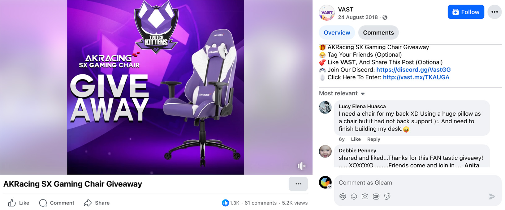 Facebook giveaway post by VAST promoting a purple and white AKRacing SX gaming chair with Twitch Kittens branding