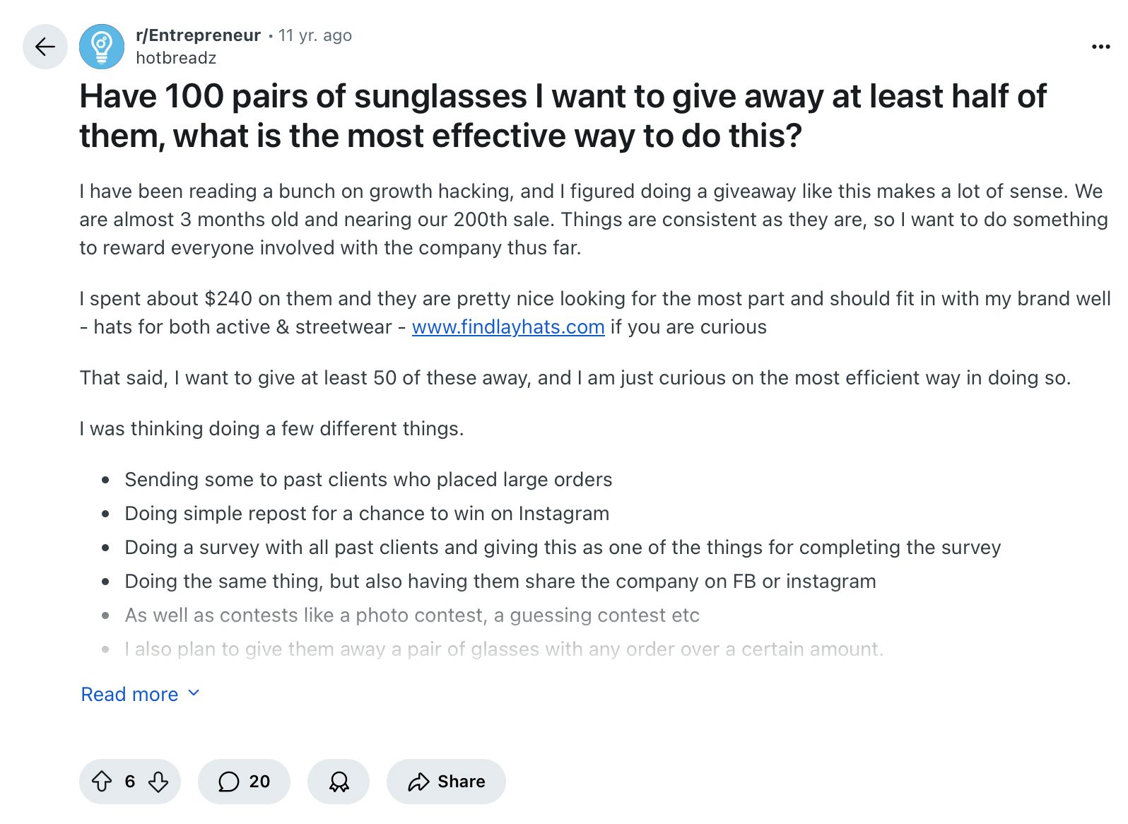 Reddit post from r/Entrepreneur discussing a giveaway of 100 pairs of sunglasses as a marketing strategy