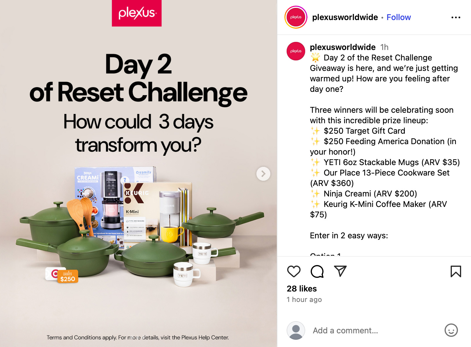 Plexus highlights terms and conditions in their Reset Challenge giveaway post Plexus promotes their Reset Challenge giveaway with a prize bundle and notes that terms and conditions apply