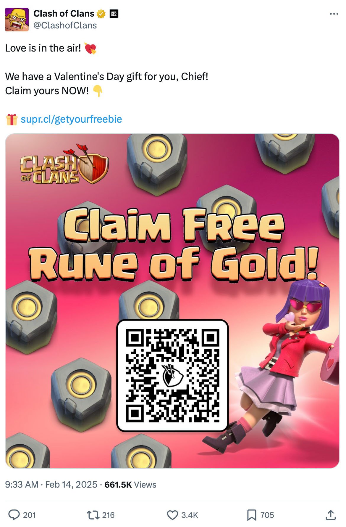 Clash of Clans Valentines giveaway rewards promotion on X Tweet promoting a Clash of Clans Valentines giveaway with themed rewards and characters