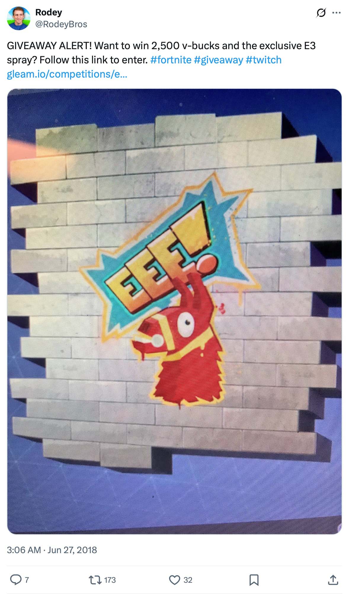 Fortnite E3 spray image on brick wall promoting v-bucks giveaway