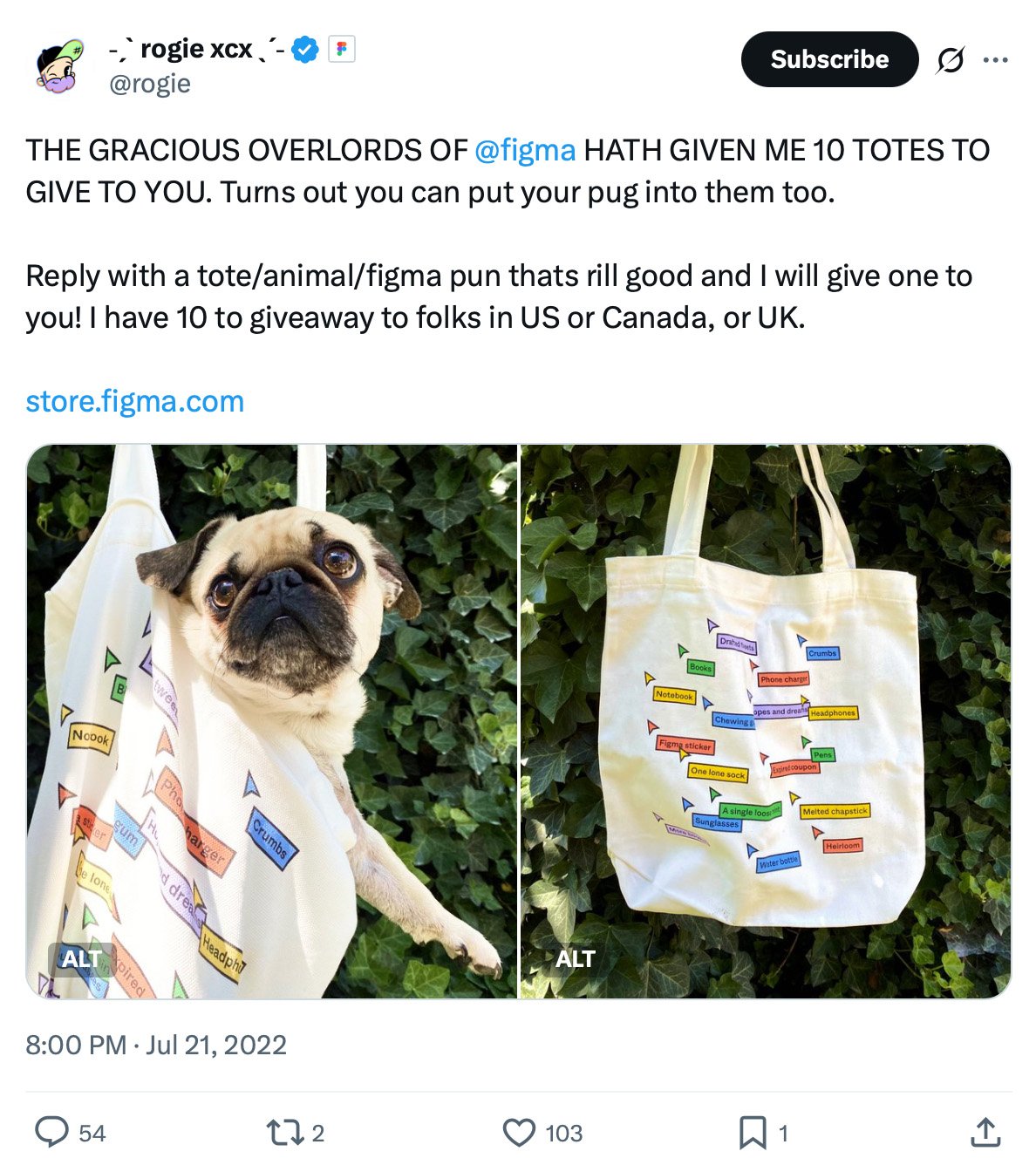 Pug inside a Figma-branded tote bag and second image of the tote with colorful labels