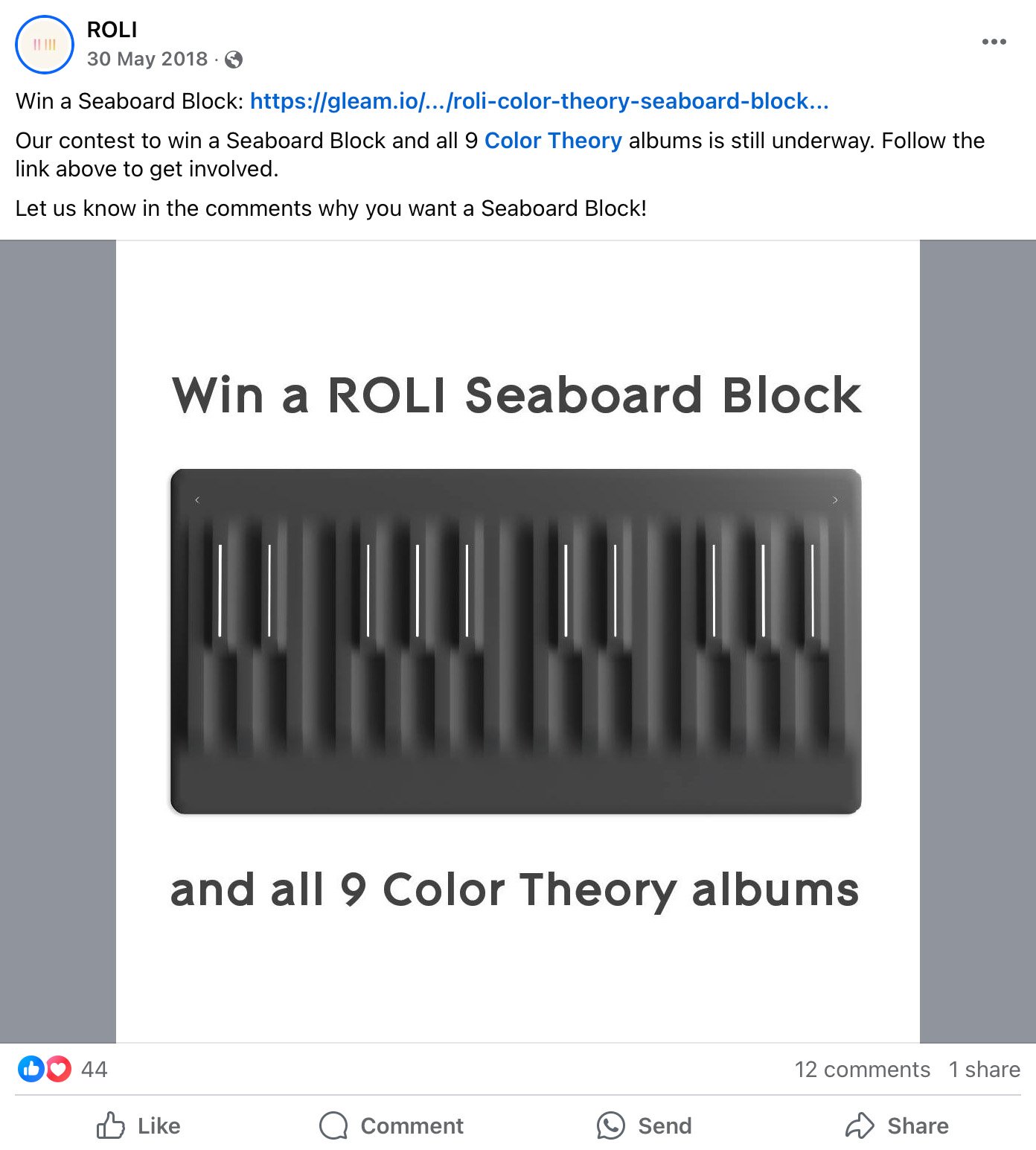 ROLI Seaboard Block with promotional text about winning all 9 Color Theory albums