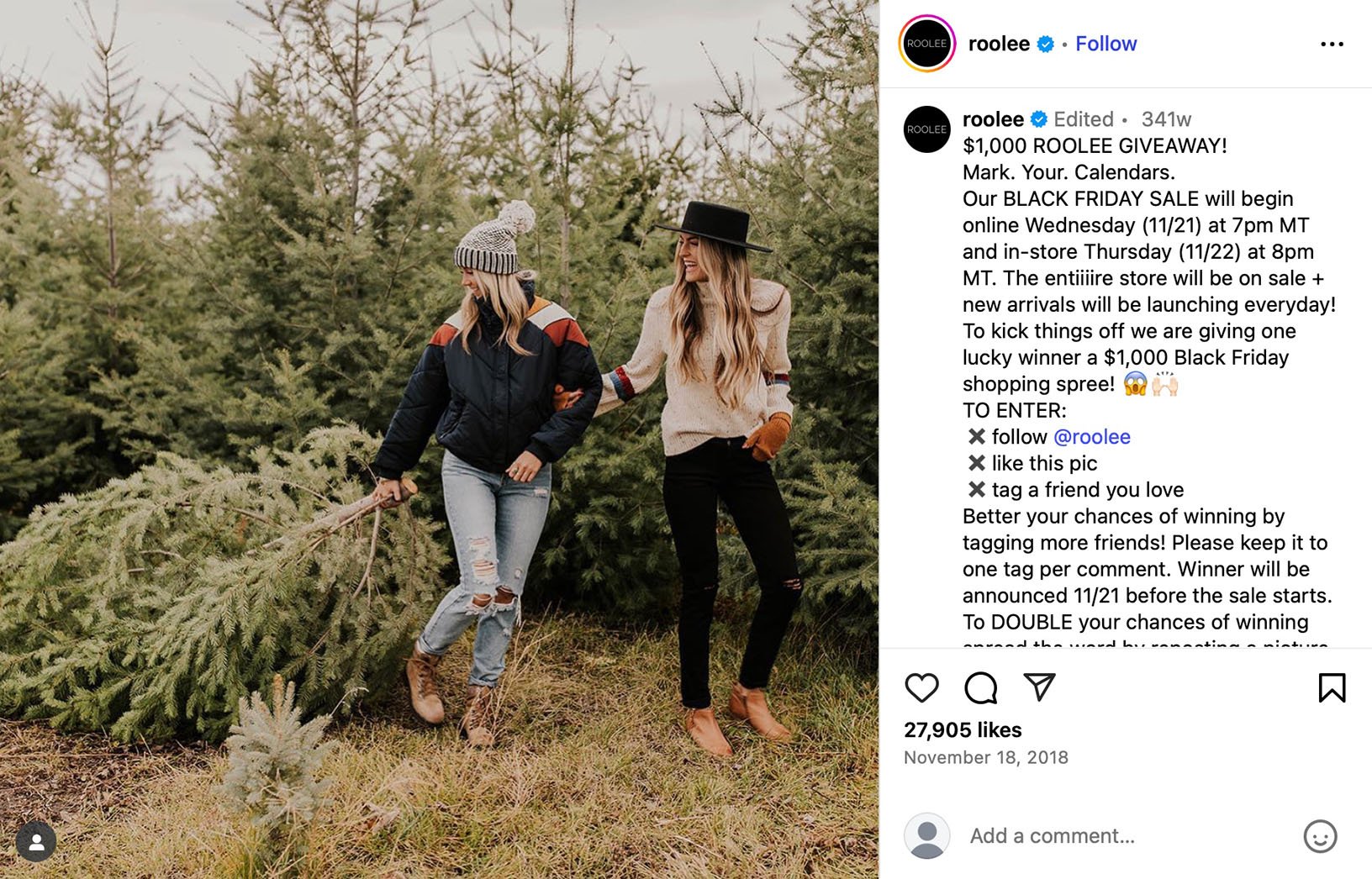 Two women in winter clothes dragging a Christmas tree through a pine forest