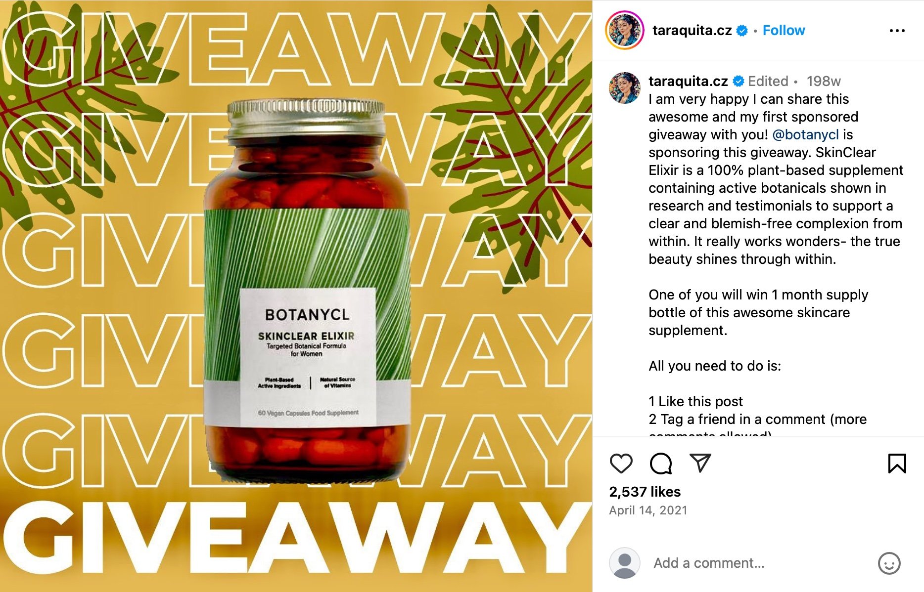 Example of an influencer giveaway campaign post Influencer promoting a Gleam giveaway on Instagram