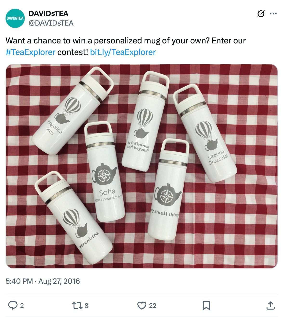 Six personalized DAVIDsTEA mugs on red gingham background for #TeaExplorer contest