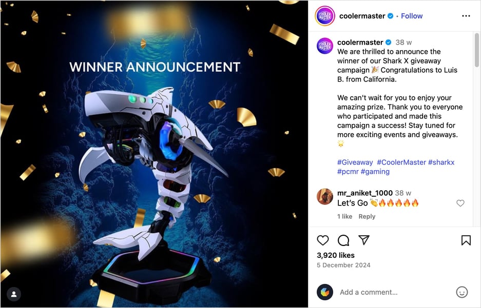 Winner announcement for Shark X Giveaway on Cooler Master's Instagram page