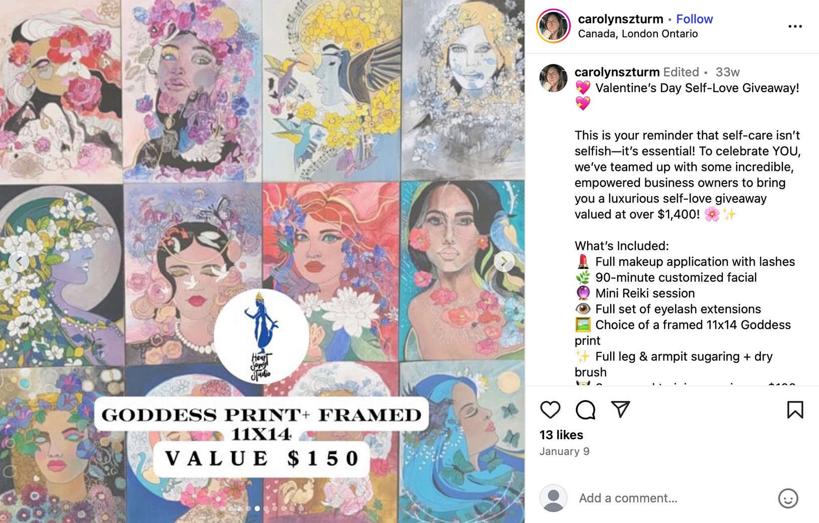 Valentine’s self-love giveaway example on Instagram with pampering and wellness prizes Instagram Valentine’s Day self-love giveaway post featuring goddess-themed art prints and a list of luxury self-care prizes