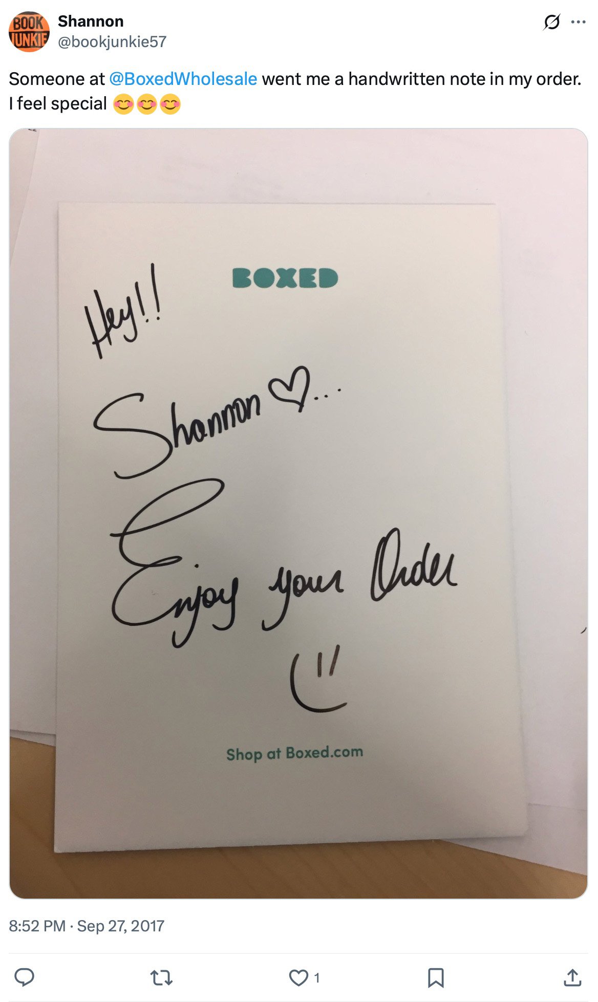 A handwritten note addressed to Shannon reading 'Hey!! Shannon <3 Enjoy your order :)' on Boxed stationery