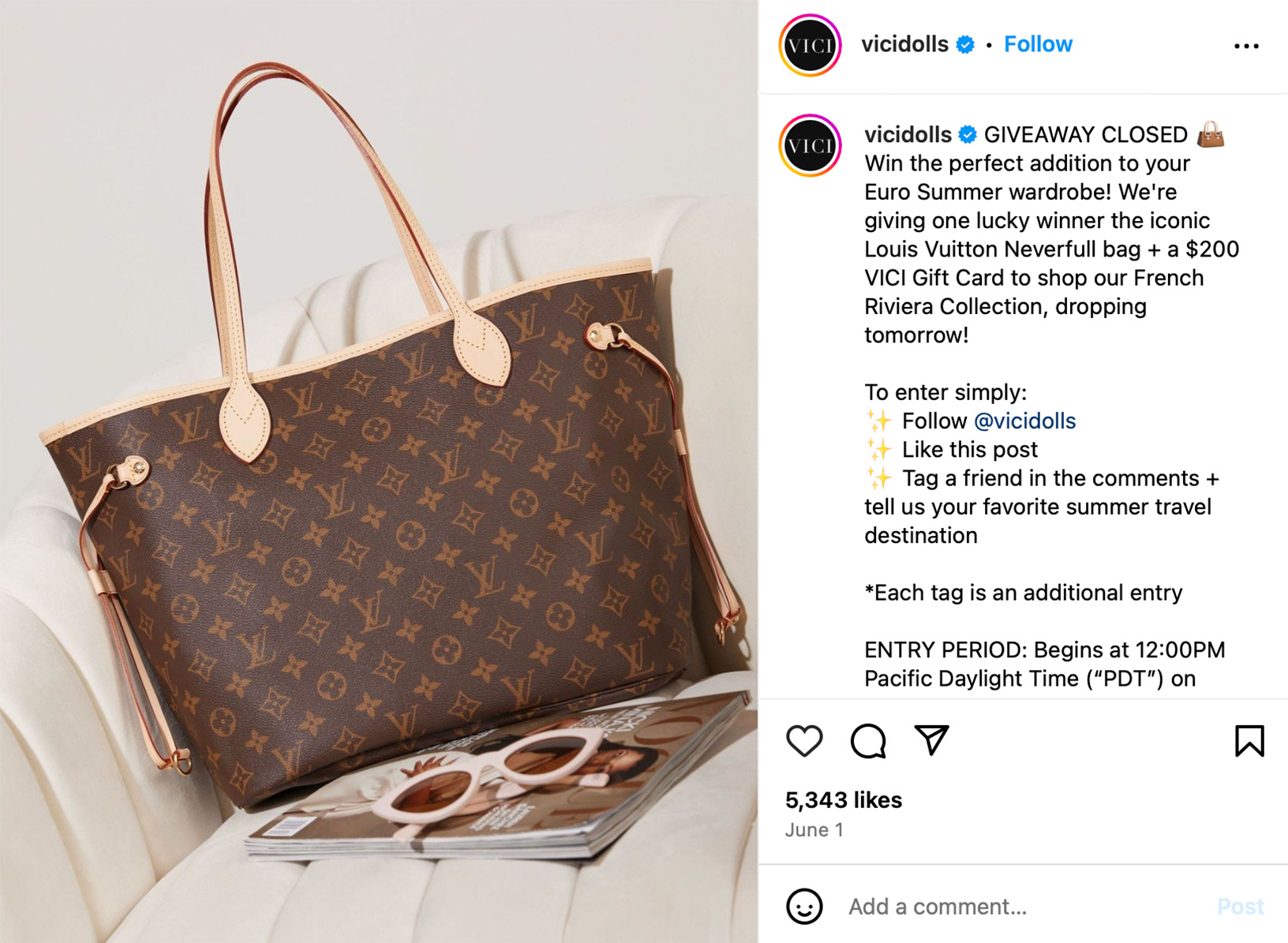 Boost excitement with a summer shopping spree giveaway on Instagram Instagram post promoting a summer shopping spree giveaway