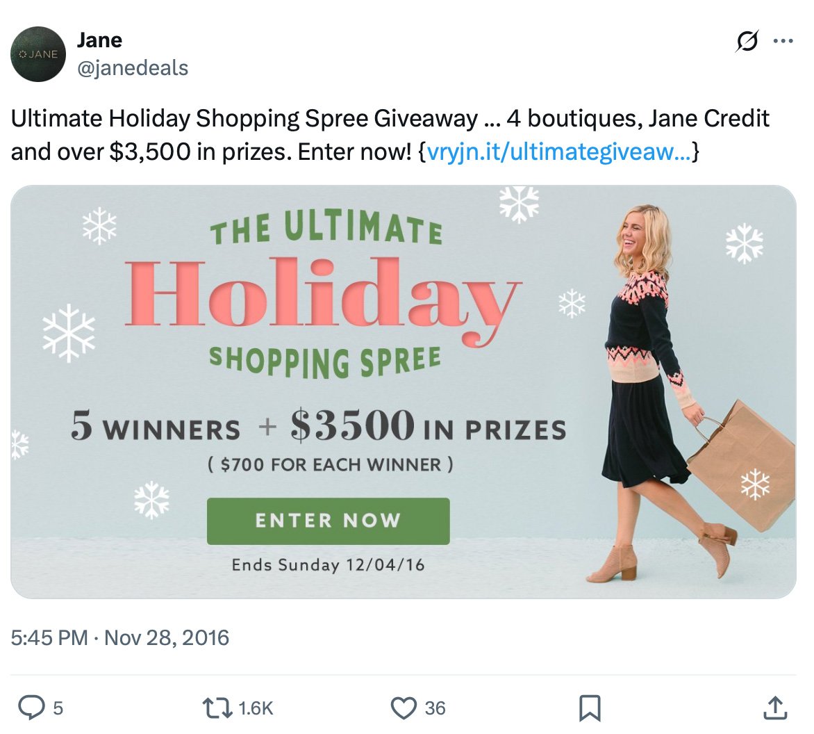 Twitter campaign for Jane promotional shopping spree giveaway Jane shopping spree giveaway promotion on Twitter