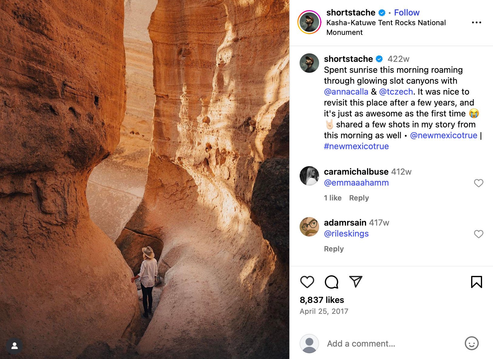 Shortstache captures sunrise at Tent Rocks National Monument Person wearing a hat walking through red rock slot canyon at sunrise