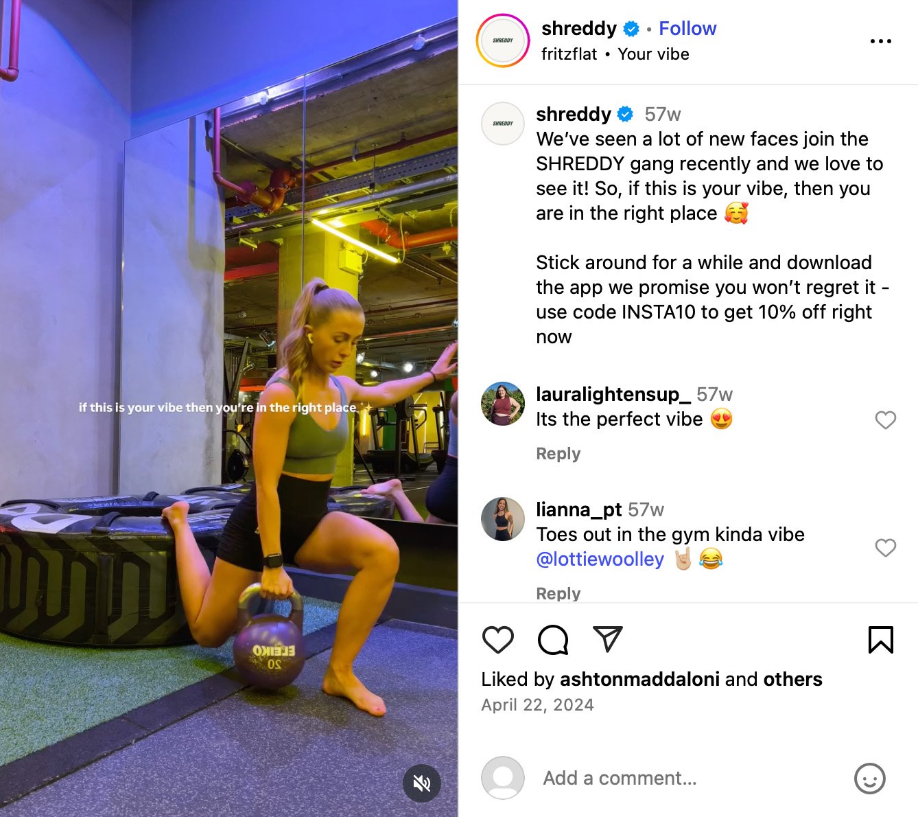 Shreddy invites new users with gym vibe and discount offer Woman in gym doing kettlebell lunges with caption 'if this is your vibe then you're in the right place'