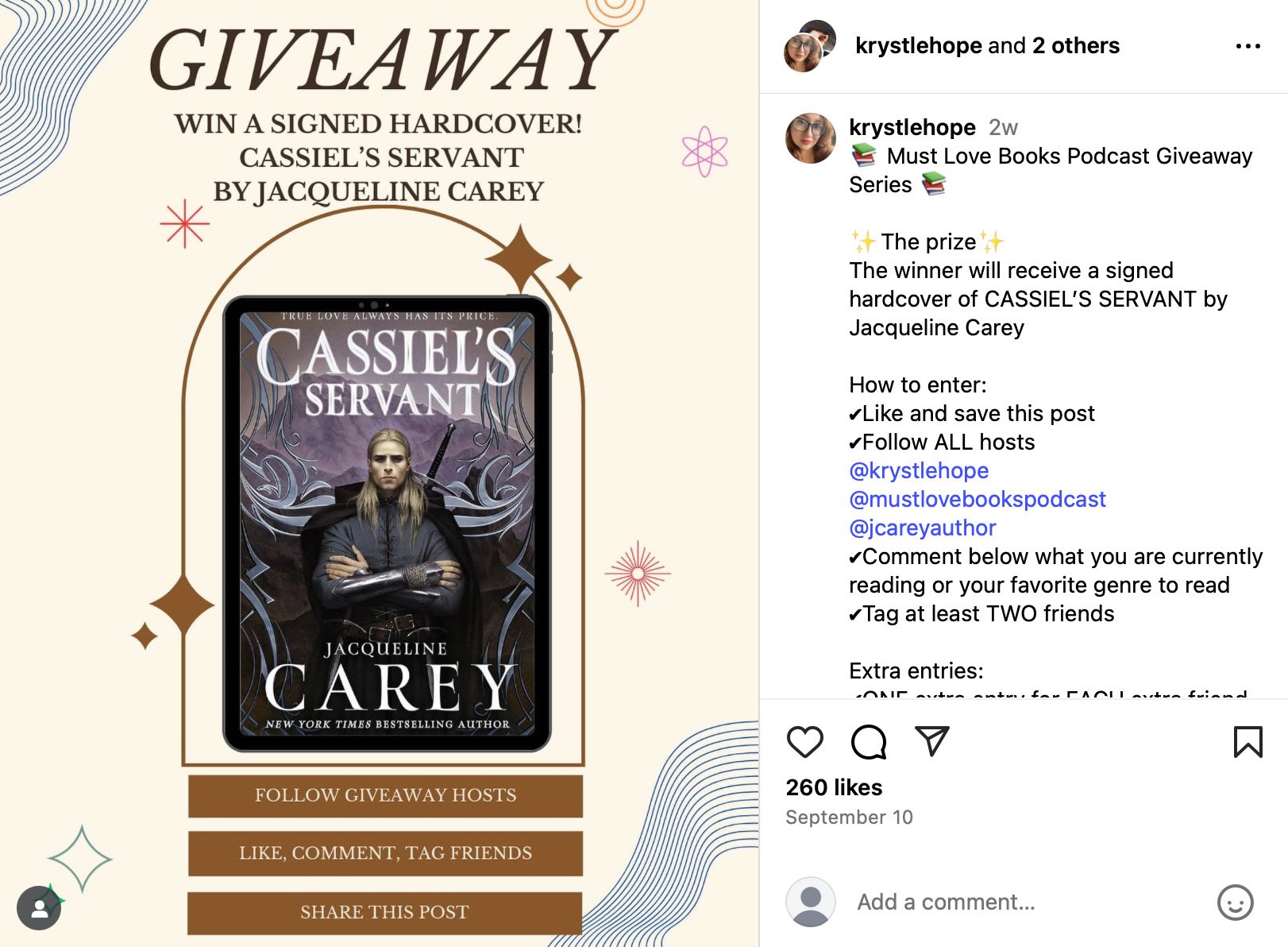 Giveaway graphic — Win a signed hardcover of Cassiel’s Servant Instagram giveaway: signed hardcover of Cassiel’s Servant by Jacqueline Carey