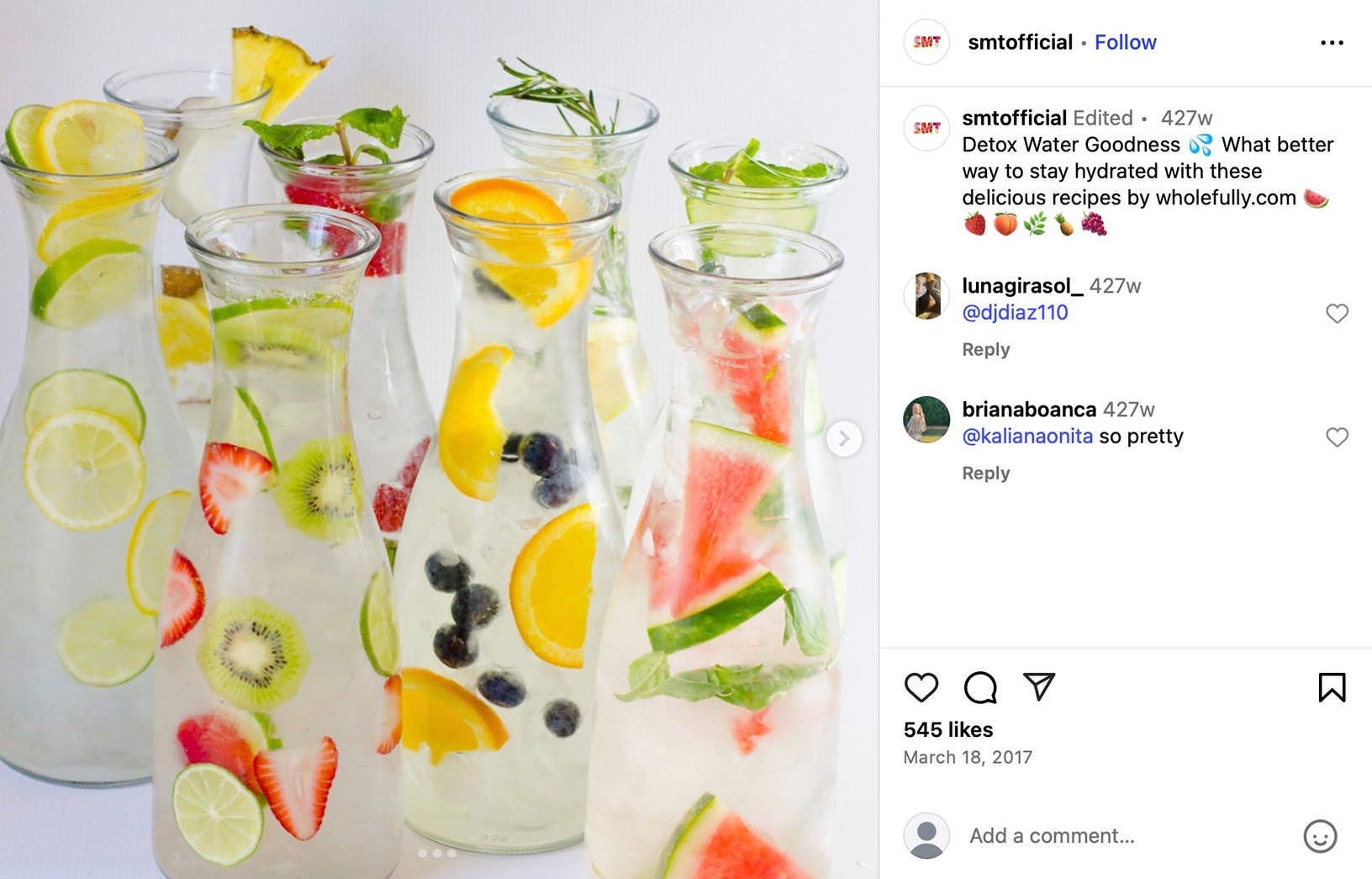 SMT shares detox water recipes with fruit and herbs Six glass carafes of detox water filled with vibrant fruit slices like kiwi, berries, lemon, and watermelon