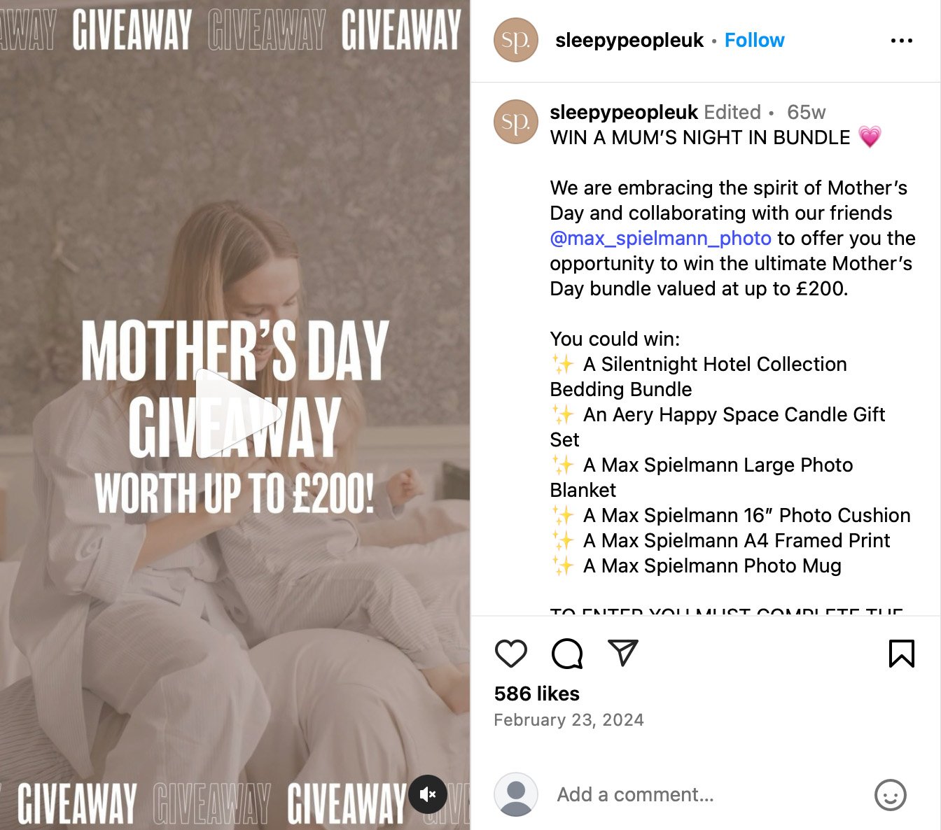 Sleepy People Father's Day giveaway featuring a luxury bedding set Instagram giveaway post from Sleepy People showcasing a Father's Day bedding bundle
