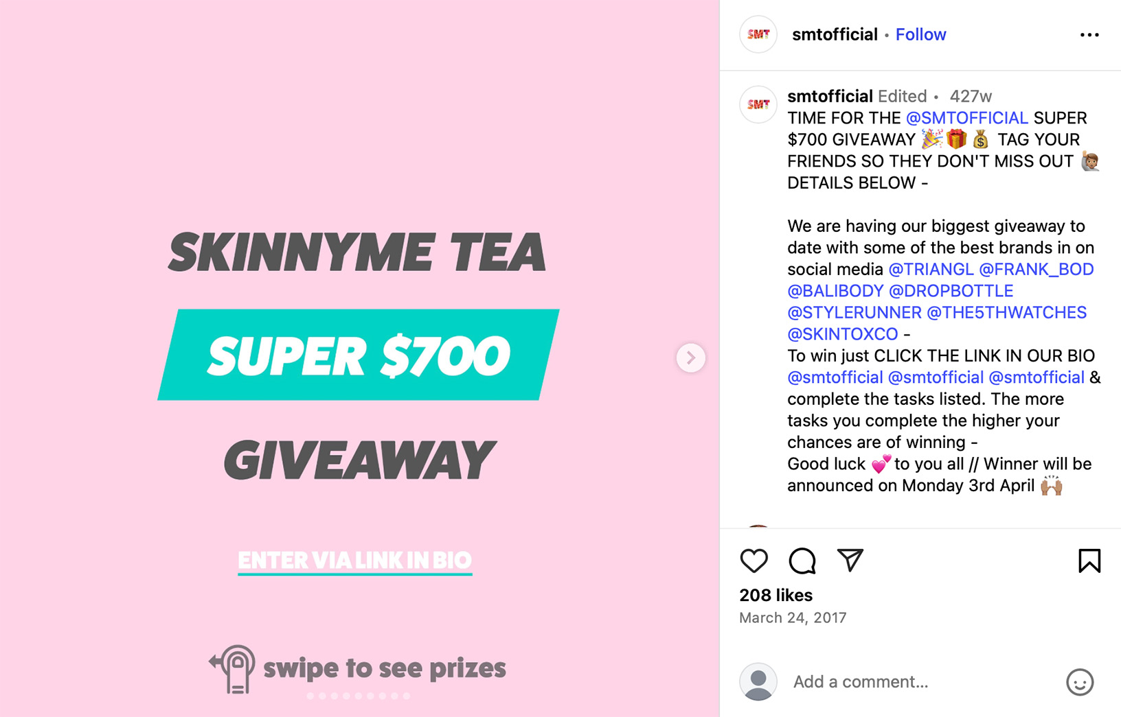 SkinnyMe Tea announces $700 influencer giveaway with social brand partners SkinnyMe Tea $700 Giveaway graphic in pink with bold text promoting prize entry