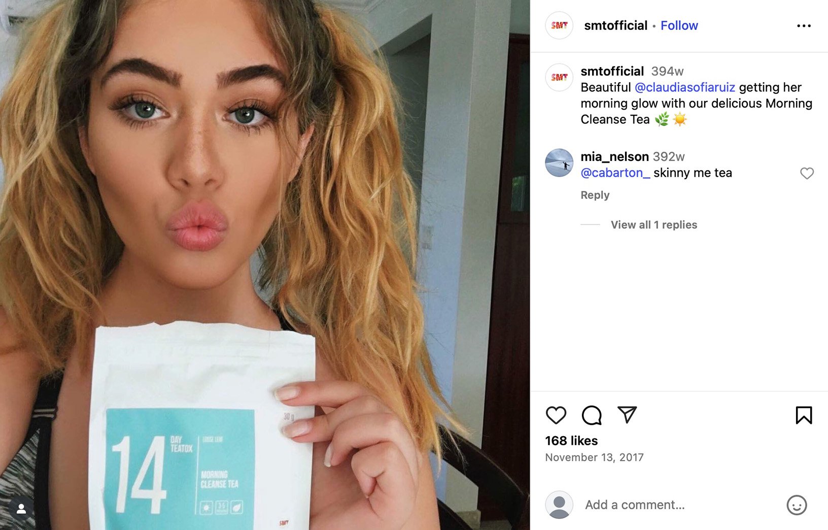 SMT promotes Morning Cleanse Tea with influencer Claudia Sofia Ruiz Influencer holding 14-day teatox cleanse tea packet, promoting healthy lifestyle