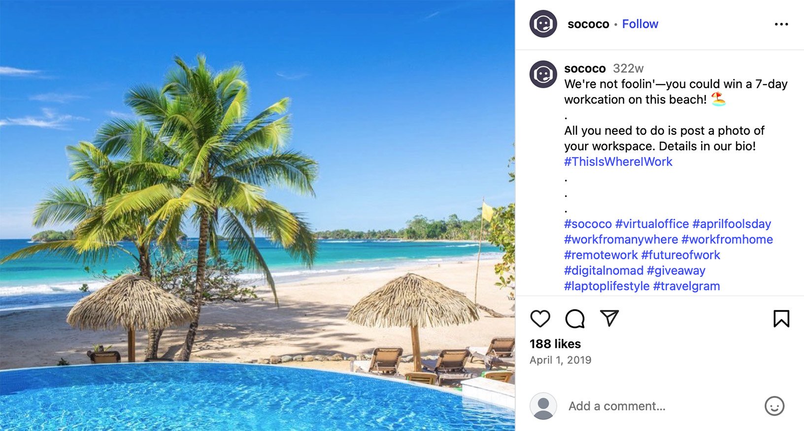 Sococo offers a 7-day workcation giveaway for remote workers who share their workspace photo A tropical beach with palm trees and straw umbrellas next to a pool, with bright blue ocean and clear skies