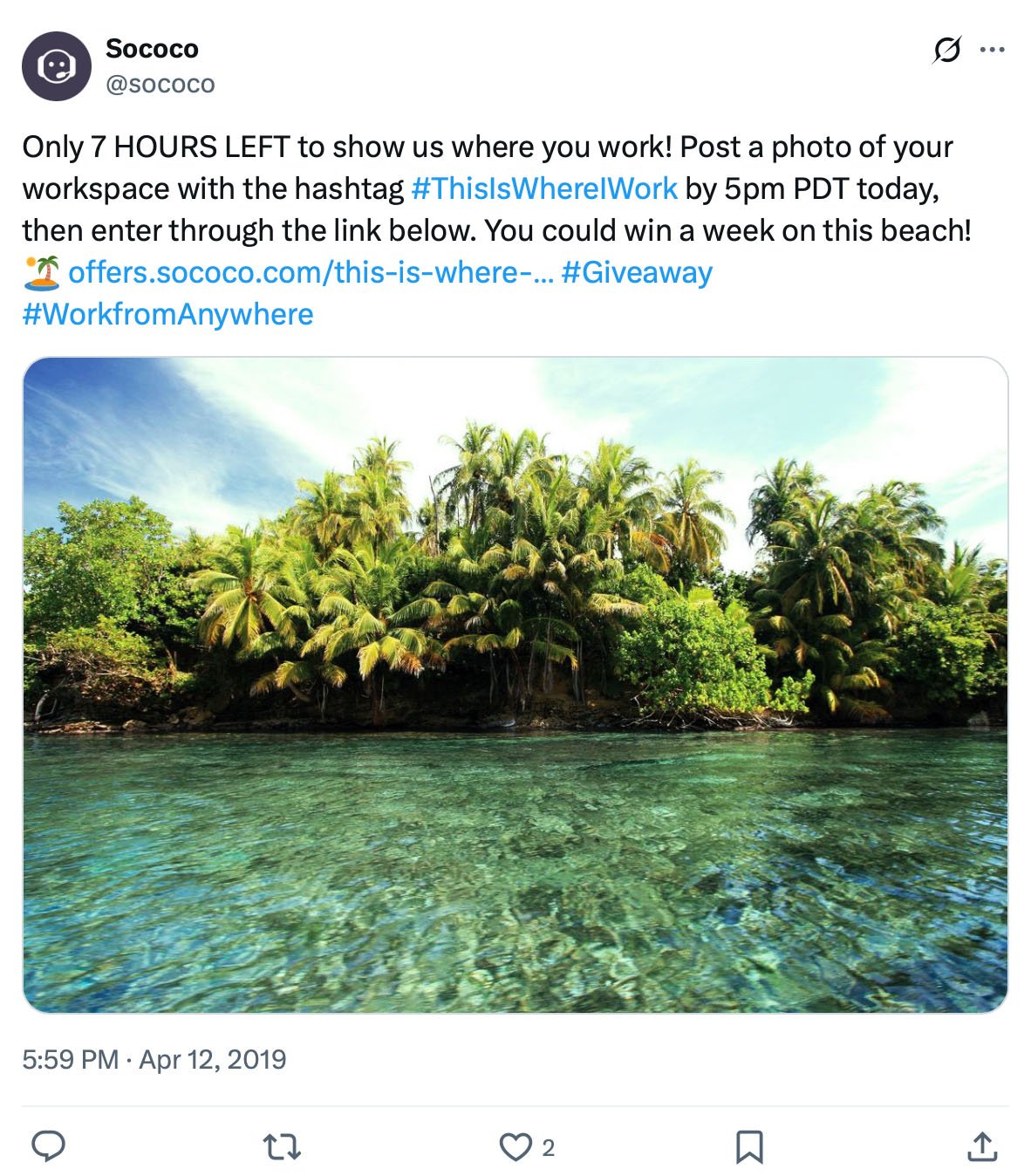 Sococo's remote work contest offers a week on a beach for posting your workspace photo Tropical island with clear blue water and palm trees, part of a Sococo work-from-anywhere contest
