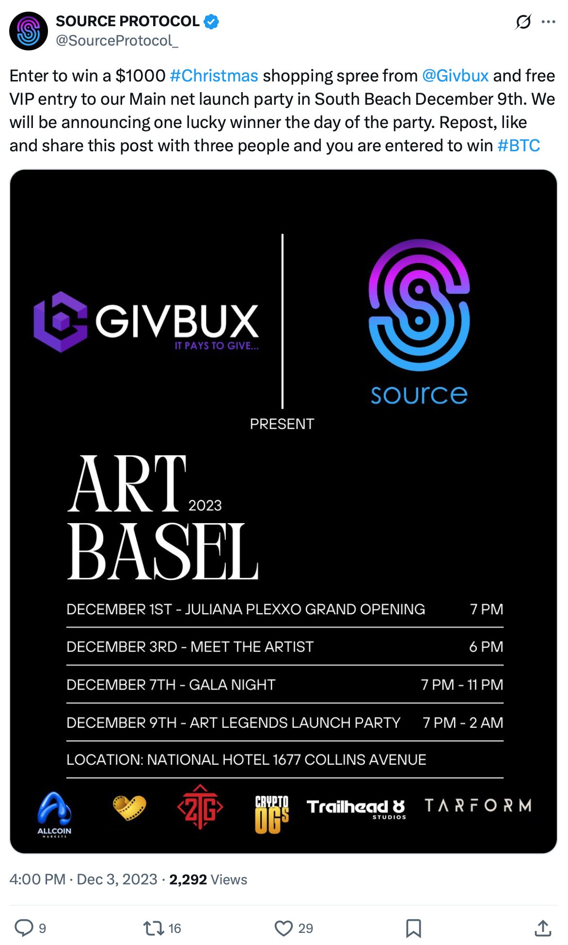 Promotional flyer for Source Protocol and Givbux giveaway at Art Basel