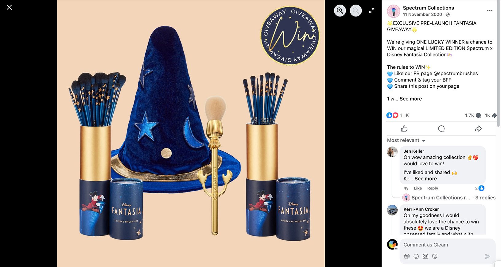 Facebook post by Spectrum Collections showcasing a Disney Fantasia brush set with star-themed packaging and wizard hat design