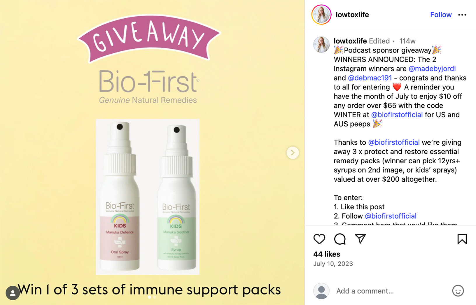 Podcast Sponsor Giveaway Featuring Bio-First Natural Remedies Instagram giveaway post for Bio-First immune support packs with product bottles shown