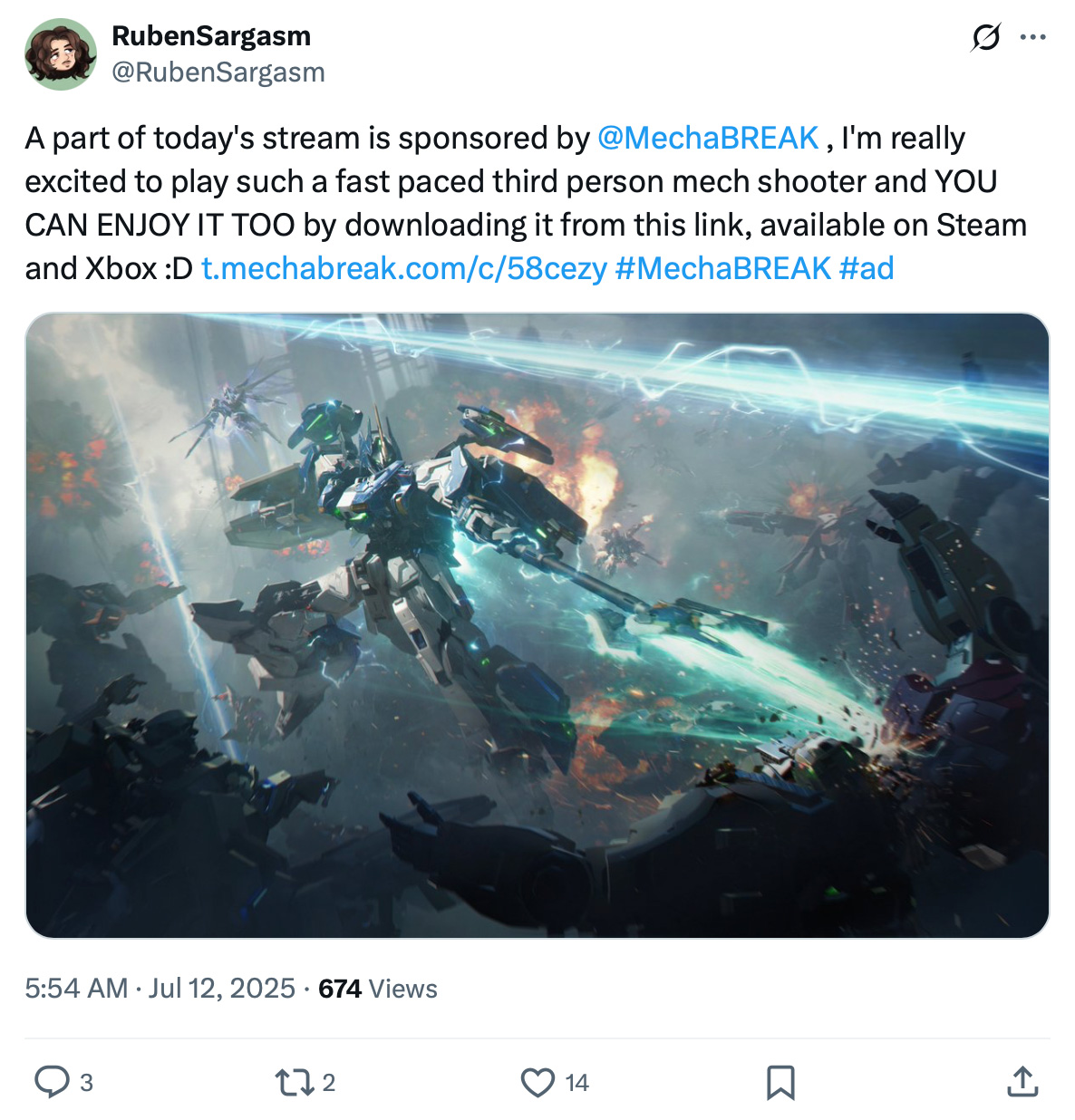 Sponsored tweet showing a high-action mech battle promoting the game MechaBREAK