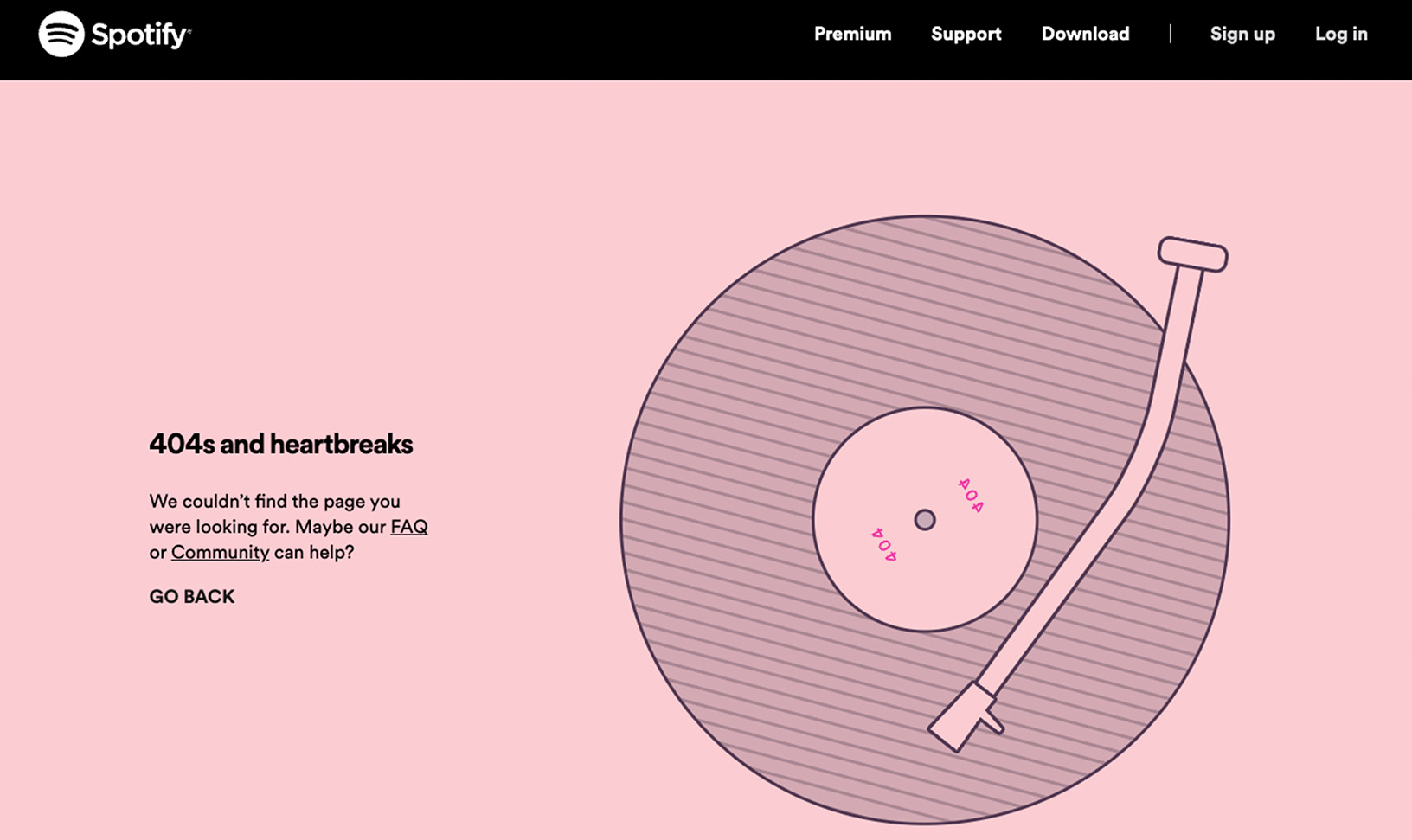 Spotify 404 error page with a pink vinyl record illustration and text saying '404s and heartbreaks'