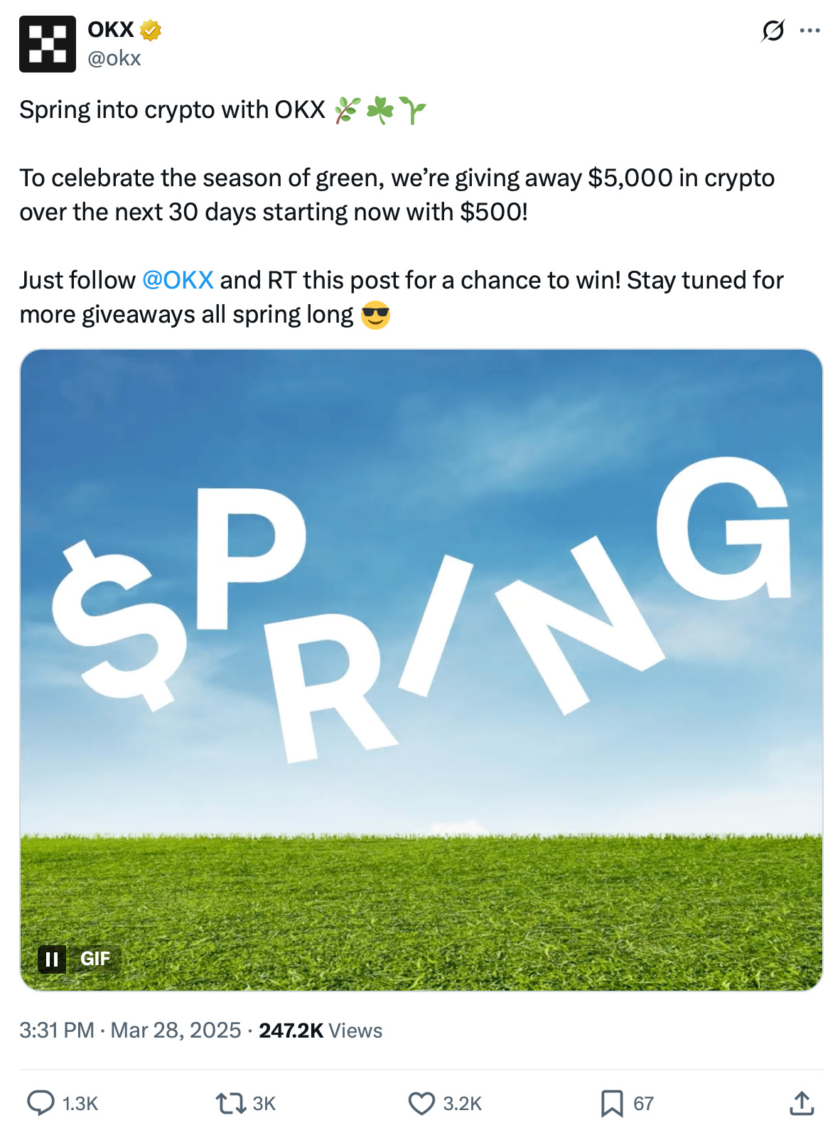 Tweet from OKX announcing a $5,000 spring crypto giveaway with the word 'SPRING' animated over green grass