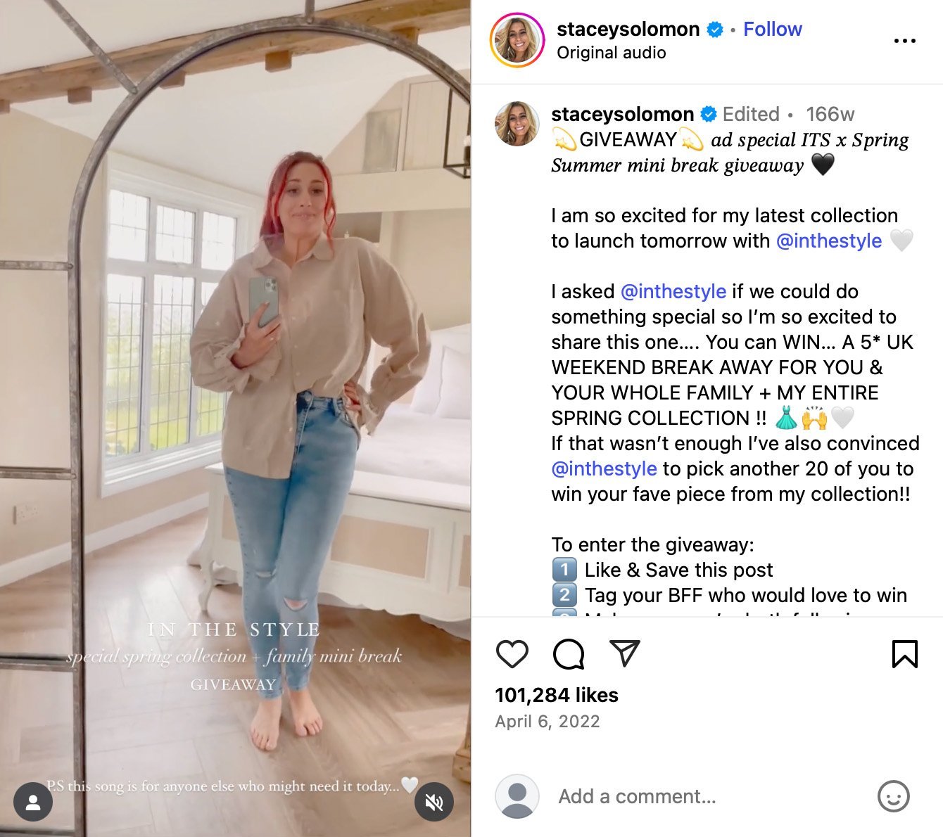 Stacey Solomon Spring Giveaway — Win a family mini break and her full ITS collection Instagram reel screenshot of Stacey Solomon promoting a giveaway for her spring collection and a UK mini break