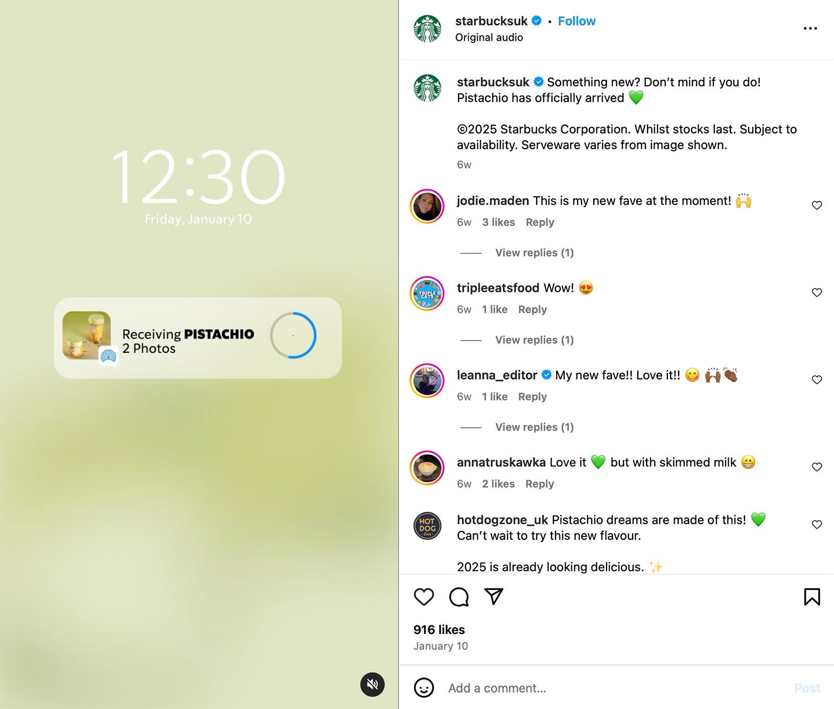 Make Announcements On Instagram Starbucks pistachio latte announcement